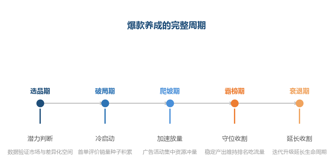 爆款是一条完整周期：选品、破局、爬坡、霸榜、延长——每个阶段都有自己的打法