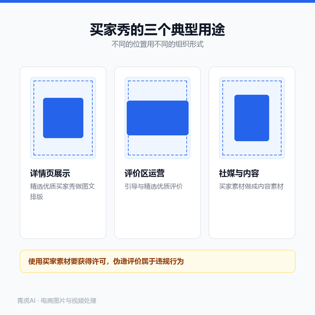 买家秀在电商里的三种用法：详情页展示、评价区精选、社媒内容引用