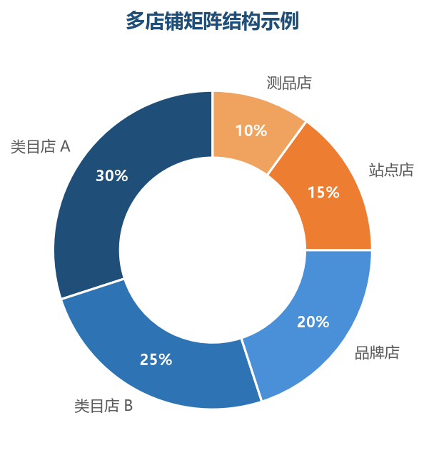 矩阵结构按类目、品牌、站点、功能组合,各店定位清晰